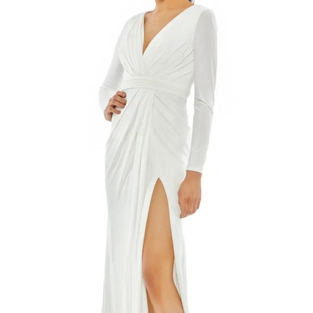 Mac Duggal White Long Sleeve Side Slit Wrap Jersey Gown